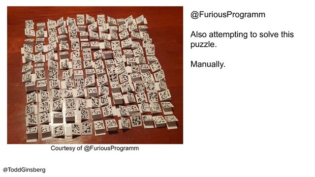 Courtesy of @FuriousProgramm
@FuriousProgramm
Also attempting to solve this
puzzle.
Manually.
