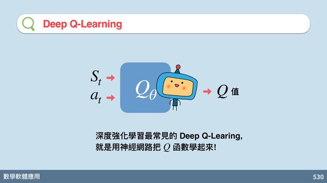 數學軟體應⽤ 530
Deep Q-Learning
Q
θ
深度強化學習最常⾒的 Deep Q-Learing,
就是⽤神經網路把 函數學起來!
Q
S
t
a
t
Q 值
