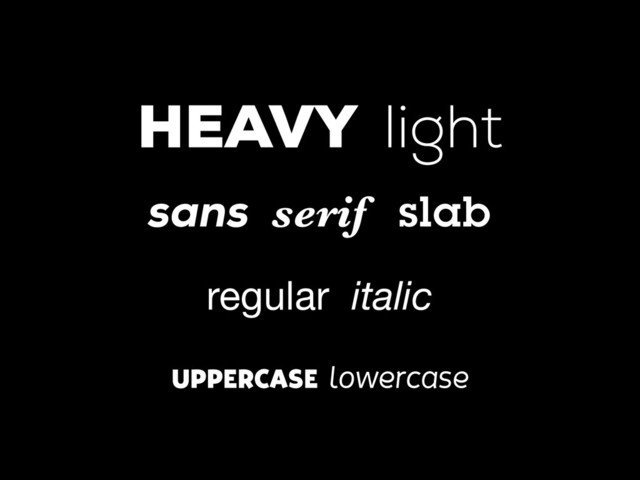 HEAVY light
sans serif slab
regular italic
UPPERCASE lowercase
