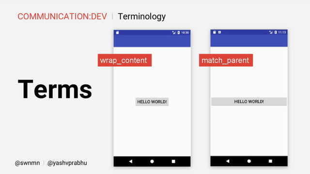 COMMUNICATION:DEV I Terminology
Terms
wrap_content match_parent
@swnmn I @yashvprabhu
