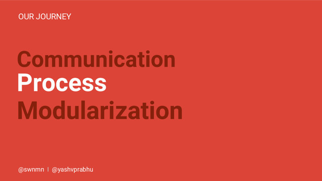 Communication
Process
Modularization
OUR JOURNEY
@swnmn I @yashvprabhu
