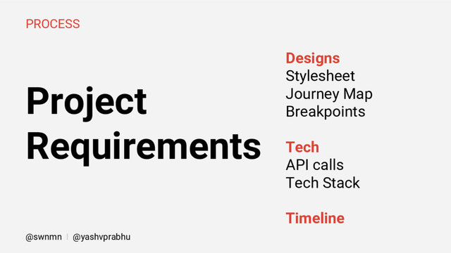 Project
Requirements
PROCESS
Designs
Stylesheet
Journey Map
Breakpoints
Tech
API calls
Tech Stack
Timeline
@swnmn I @yashvprabhu
