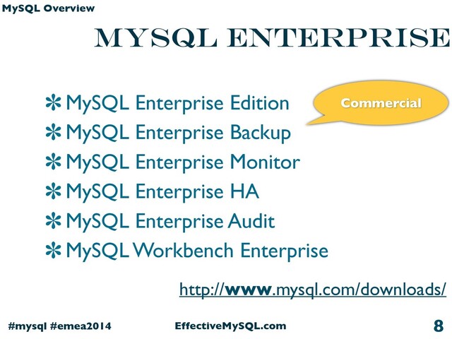 http://www.mysql.com/downloads/
EffectiveMySQL.com
#mysql #emea2014
MySQL Overview
MySQL Enterprise
MySQL Enterprise Edition
MySQL Enterprise Backup
MySQL Enterprise Monitor
MySQL Enterprise HA
MySQL Enterprise Audit
MySQL Workbench Enterprise
8
Commercial
