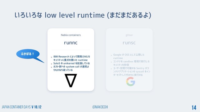 Japan Container DAYS v 18.12 @makocchi 14
Nabla containers
runnc
いろいろな low level runtime (まだまだあるよ)
IBM Research によって開発されたセ
キュリティに重点を置いた runtime
Solo5 の unikernel を拡張している
ホスト側への system call が通常よ
りもかなり減っている
gVisor
runsc
Google が OSS として公開した
runtime
コンテナを sandbox 環境で実行しセ
キュリティを担保
ユーザー空間で可動する Sentry がコ
ンテナアプリケーションの syscall をイン
ターセプトして代わりに実行する
ふかぼる！
