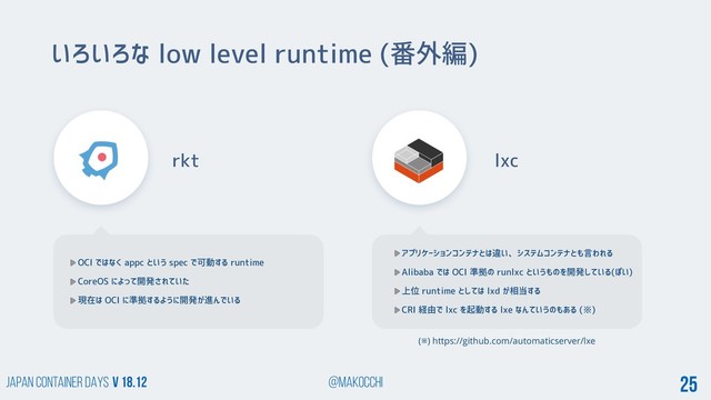 Japan Container DAYS v 18.12 @makocchi 25
rkt
OCI ではなく appc という spec で可動する runtime
CoreOS によって開発されていた
現在は OCI に準拠するように開発が進んでいる
いろいろな low level runtime (番外編)
lxc
アプリケーションコンテナとは違い、システムコンテナとも言われる
Alibaba では OCI 準拠の runlxc というものを開発している(ぽい)
上位 runtime としては lxd が相当する
CRI 経由で lxc を起動する lxe なんていうのもある (※)
(※) https://github.com/automaticserver/lxe
