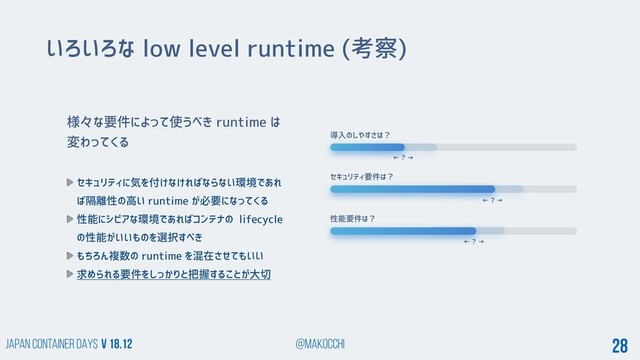 Japan Container DAYS v 18.12 @makocchi 28
セキュリティに気を付けなければならない環境であれ
ば隔離性の高い runtime が必要になってくる
性能にシビアな環境であればコンテナの lifecycle
の性能がいいものを選択すべき
もちろん複数の runtime を混在させてもいい
求められる要件をしっかりと把握することが大切
様々な要件によって使うべき runtime は
変わってくる 導入のしやすさは？
セキュリティ要件は？
性能要件は？
いろいろな low level runtime (考察)
← ? →
← ? →
← ? →
