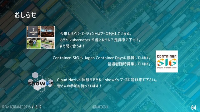 Japan Container DAYS v 18.12 @makocchi 64
おしらせ
今年もサイバーエージェントはブースを出しています。
おうち kubernetes が当たるかも？是非来て下さい。
まだ間に合うよ！
Container-SIG も Japan Container Daysに協賛しています。
登壇者随時募集しています。
Cloud Native 体験ができる！showKs ブースに是非来て下さい。
皆さんの参加を待っています！
