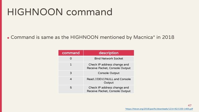 HIGHNOON command
◆
Command is same as the HIGHNOON mentioned by Macnica* in 2018
command description
0 Bind Network Socket
1 Check IP address change and
Receive Packet, Console Output
3 Console Output
4 Read //DEV//NULL and Console
Output
5 Check IP address change and
Receive Packet, Console Output
*https://hitcon.org/2018/pacific/downloads/1214-R2/1330-1400.pdf
47
