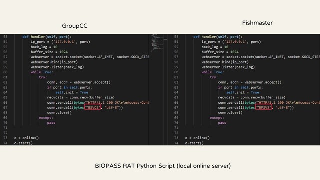 GroupCC
Fishmaster
BIOPASS RAT Python Script (local online server)
