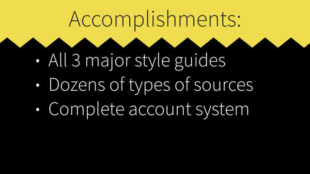 Accomplishments:
• All 3 major style guides
• Dozens of types of sources
• Complete account system
