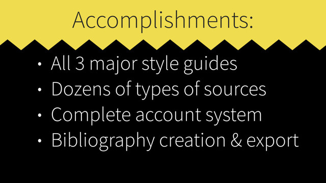 Accomplishments:
• All 3 major style guides
• Dozens of types of sources
• Complete account system
• Bibliography creation & export
