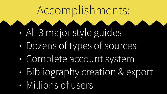 Accomplishments:
• All 3 major style guides
• Dozens of types of sources
• Complete account system
• Bibliography creation & export
• Millions of users
