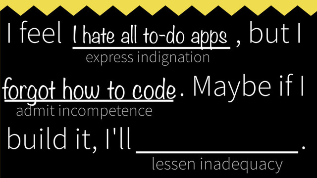 express indignation
admit incompetence
lessen inadequacy
I feel ___________, but I
____________
. Maybe if I
build it, I'll _____________
.
I hate all to-do apps
forgot how to code
