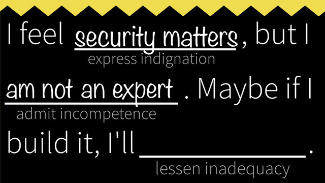 express indignation
admit incompetence
lessen inadequacy
I feel ___________, but I
____________
. Maybe if I
build it, I'll _____________
.
security matters
am not an expert
