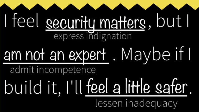 express indignation
admit incompetence
lessen inadequacy
I feel ___________, but I
____________
. Maybe if I
build it, I'll _____________
.
security matters
am not an expert
feel a little safer
