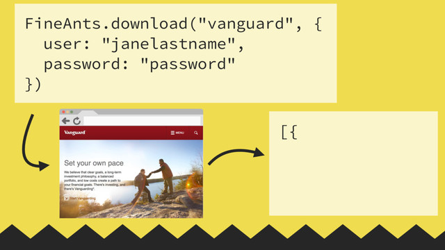 FineAnts.download("vanguard", {
user: "janelastname",
password: "password"
})
[{
