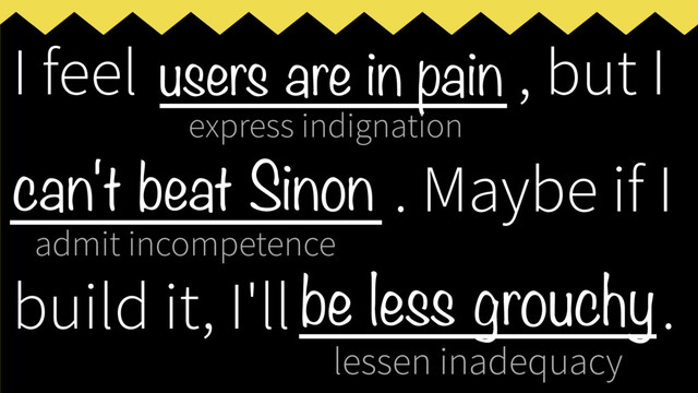 express indignation
admit incompetence
lessen inadequacy
I feel ___________, but I
____________
. Maybe if I
build it, I'll _____________
.
users are in pain
can't beat Sinon
be less grouchy
