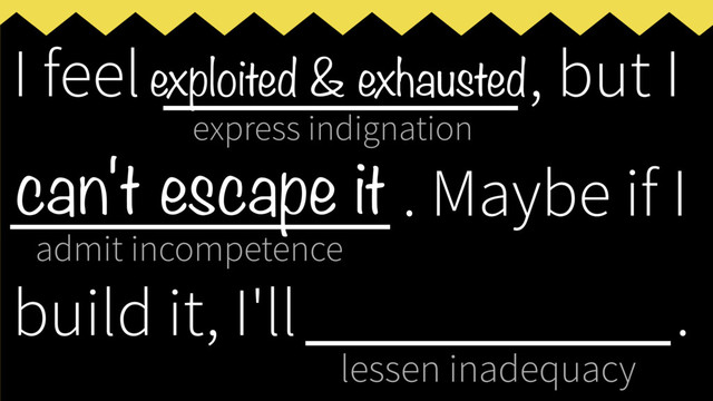 express indignation
admit incompetence
lessen inadequacy
I feel ___________, but I
____________
. Maybe if I
build it, I'll _____________
.
exploited & exhausted
can't escape it
