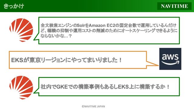 きっかけ
EKSが東京リージョンにやってまいりました！
全文検索エンジンのSolrをAmazon EC2の固定台数で運用しているんだけ
ど、輻輳の抑制や運用コストの削減のためにオートスケーリングできるように
ならないかな…？
社内でGKEでの構築事例もあるしEKS上に構築するか！
