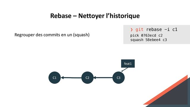 Rebase – Nettoyer l’historique
Regrouper des commits en un (squash)
❯ git rebase -i c1
pick 0763ecd c2
squash 58ebee4 c3
C3’
C1
feat1
C3
C2
