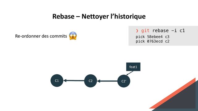 Rebase – Nettoyer l’historique
Re-ordonner des commits
❯ git rebase -i c1
pick 58ebee4 c3
pick 0763ecd c2
C3’
C1
feat1
C3
C2 C2’
