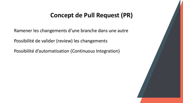 Ramener les changements d’une branche dans une autre
Possibilité de valider (review) les changements
Possibilité d’automatisation (Continuous Integration)
Concept de Pull Request (PR)
