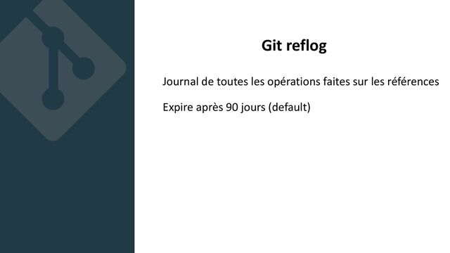 Git reflog
Journal de toutes les opérations faites sur les références
Expire après 90 jours (default)
