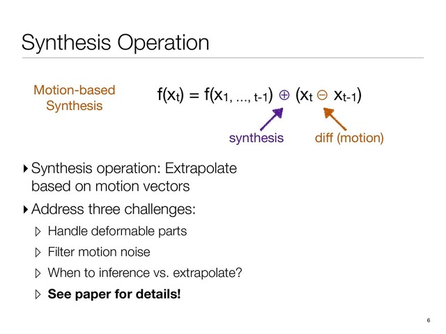 Synthesis Operation
6
f(xt) = f(x1, …, t-1) ⊕ (xt ⊖ xt-1)

diﬀ (motion)
synthesis
Motion-based

Synthesis
▸ Synthesis operation: Extrapolate
based on motion vectors
▸ Address three challenges:
▹ Handle deformable parts
▹ Filter motion noise
▹ When to inference vs. extrapolate?
▹ See paper for details!

