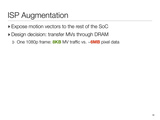 ISP Augmentation
▸ Expose motion vectors to the rest of the SoC
▸ Design decision: transfer MVs through DRAM
▹ One 1080p frame: 8KB MV trafﬁc vs. ~6MB pixel data
10
