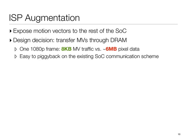 ISP Augmentation
▸ Expose motion vectors to the rest of the SoC
▸ Design decision: transfer MVs through DRAM
▹ One 1080p frame: 8KB MV trafﬁc vs. ~6MB pixel data
▹ Easy to piggyback on the existing SoC communication scheme
10

