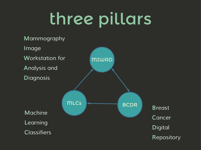 MIWAD
BCDR
MLCs
three pillars
Breast
Cancer
Digital
Repository
Machine
Learning
Classifiers
Mammography
Image
Workstation for
Analysis and
Diagnosis
