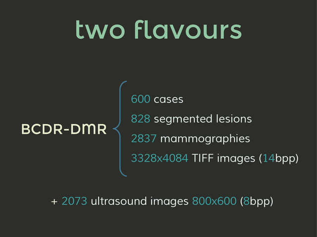 two flavours
BCDR-DMR
600 cases
828 segmented lesions
2837 mammographies
3328x4084 TIFF images (14bpp)
+ 2073 ultrasound images 800x600 (8bpp)
