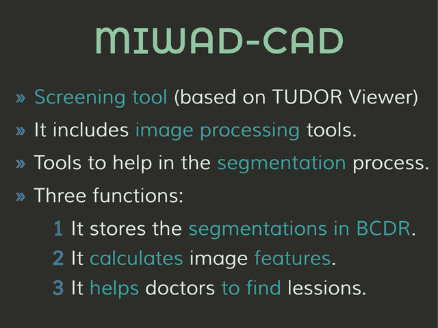 MIWAD-CAD
» Screening tool (based on TUDOR Viewer)
» It includes image processing tools.
» Tools to help in the segmentation process.
» Three functions:
1 It stores the segmentations in BCDR.
2 It calculates image features.
3 It helps doctors to find lessions.
