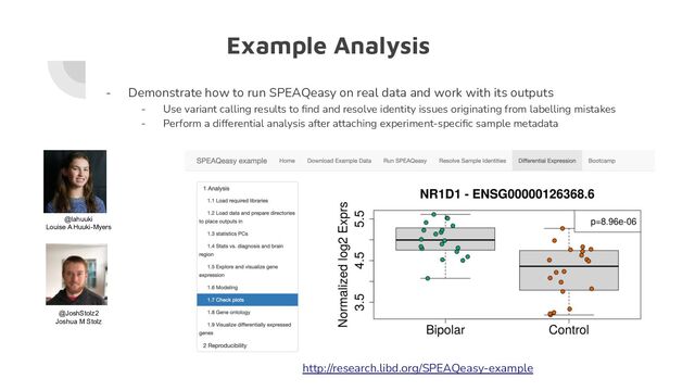 Example Analysis
- Demonstrate how to run SPEAQeasy on real data and work with its outputs
- Use variant calling results to ﬁnd and resolve identity issues originating from labelling mistakes
- Perform a differential analysis after attaching experiment-speciﬁc sample metadata
http://research.libd.org/SPEAQeasy-example
@lahuuki
Louise A Huuki-Myers
@JoshStolz2
Joshua M Stolz
