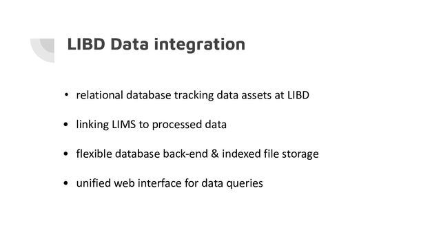 LIBD Data integration
• relational database tracking data assets at LIBD
• linking LIMS to processed data
• flexible database back-end & indexed file storage
• unified web interface for data queries

