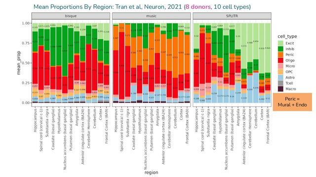 Peric =
Mural + Endo
Mean Proportions By Region: Tran et al, Neuron, 2021 (8 donors, 10 cell types)
