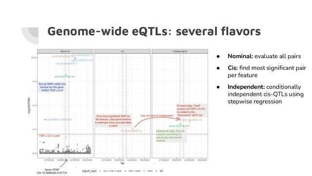 Genome-wide eQTLs: several ﬂavors
● Nominal: evaluate all pairs
● Cis: ﬁnd most signiﬁcant pair
per feature
● Independent: conditionally
independent cis-QTLs using
stepwise regression
