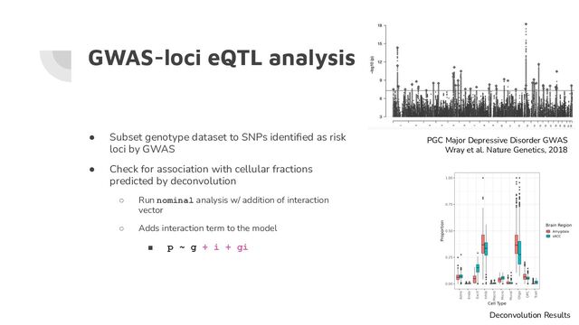 GWAS-loci eQTL analysis
● Subset genotype dataset to SNPs identiﬁed as risk
loci by GWAS
● Check for association with cellular fractions
predicted by deconvolution
○ Run nominal analysis w/ addition of interaction
vector
○ Adds interaction term to the model
■ p ~ g + i + gi
PGC Major Depressive Disorder GWAS
Wray et al. Nature Genetics, 2018
Deconvolution Results
