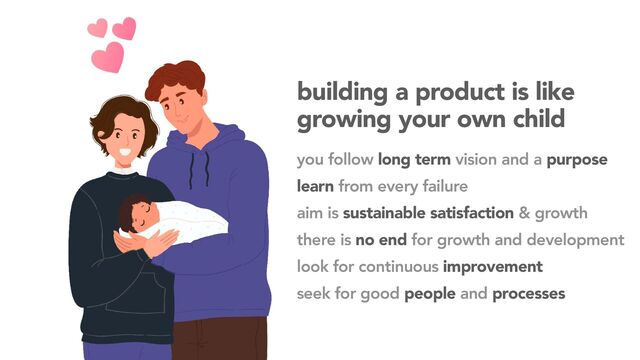 you follow long term vision and a purpose
learn from every failure
aim is sustainable satisfaction & growth
there is no end for growth and development
look for continuous improvement
seek for good people and processes
building a product is like
growing your own child

