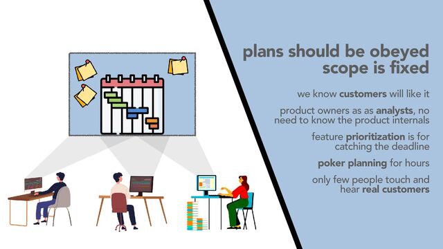 plans should be obeyed
scope is fixed
we know customers will like it
product owners as as analysts, no
need to know the product internals
feature prioritization is for
catching the deadline
poker planning for hours
only few people touch and
hear real customers
