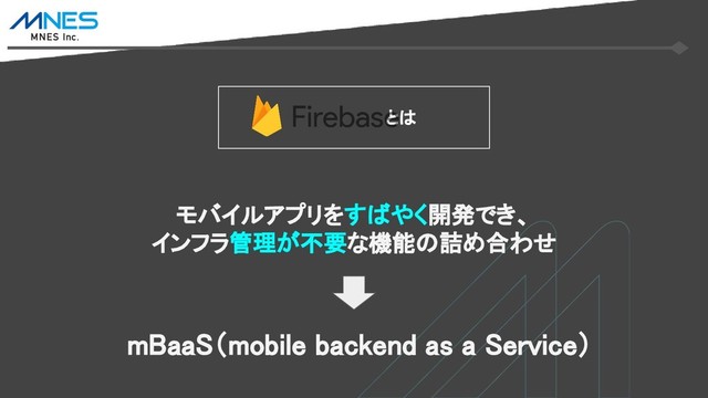 　　　　　　　　とは
モバイルアプリをすばやく開発でき、
インフラ管理が不要な機能の詰め合わせ
mBaaS（mobile backend as a Service）
