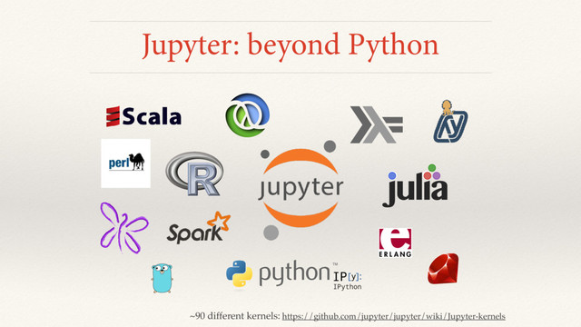Jupyter: beyond Python
u a
l
j i
~90 different kernels: https://github.com/jupyter/jupyter/wiki/Jupyter-kernels
