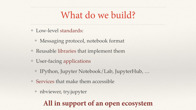 What do we build?
❖ Low-level standards:
❖ Messaging protocol, notebook format
❖ Reusable libraries that implement them
❖ User-facing applications
❖ IPython, Jupyter Notebook/Lab, JupyterHub, …
❖ Services that make them accessible
❖ nbviewer, try.jupyter
All in support of an open ecosystem
