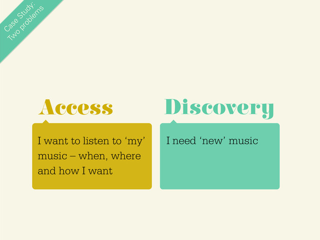 Case
Study:
Tw
o
problem
s
There are two big problems
in online music:
I want to listen to ‘my’
music – when, where
and how I want
Access
* For varying definitions of ‘my’
I need ‘new’ music
Discovery
and ‘new’
