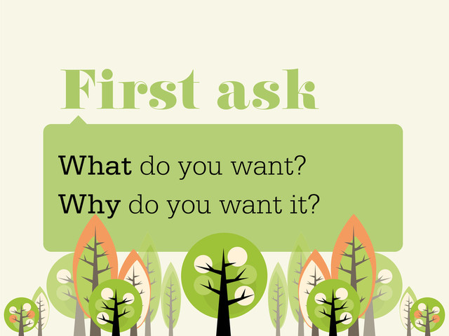 What do you want?
Why do you want it?
First ask
