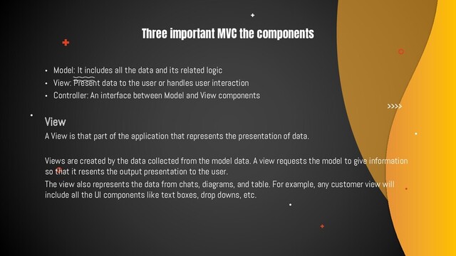 •
Model: It includes all the data and its related logic
•
View: Present data to the user or handles user interaction
•
Controller: An interface between Model and View components
View
A View is that part of the application that represents the presentation of data.
Views are created by the data collected from the model data. A view requests the model to give information
so that it resents the output presentation to the user.
The view also represents the data from chats, diagrams, and table. For example, any customer view will
include all the UI components like text boxes, drop downs, etc.
Three important MVC the components
