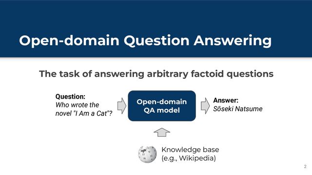 Open-domain Question Answering
The task of answering arbitrary factoid questions
2
Open-domain
QA model
Question:
Who wrote the
novel "I Am a Cat"?
Answer:
Sōseki Natsume
Knowledge base
(e.g., Wikipedia)
