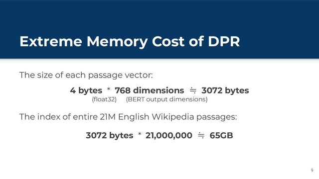 Extreme Memory Cost of DPR
The size of each passage vector:
9
4 bytes * 768 dimensions ≒ 3072 bytes
(ﬂoat32) (BERT output dimensions)
3072 bytes * 21,000,000 ≒ 65GB
The index of entire 21M English Wikipedia passages:
