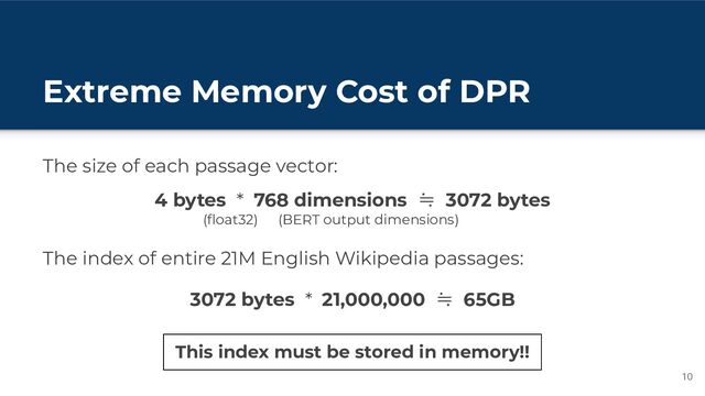 Extreme Memory Cost of DPR
The size of each passage vector:
10
4 bytes * 768 dimensions ≒ 3072 bytes
(ﬂoat32) (BERT output dimensions)
3072 bytes * 21,000,000 ≒ 65GB
The index of entire 21M English Wikipedia passages:
This index must be stored in memory!!
