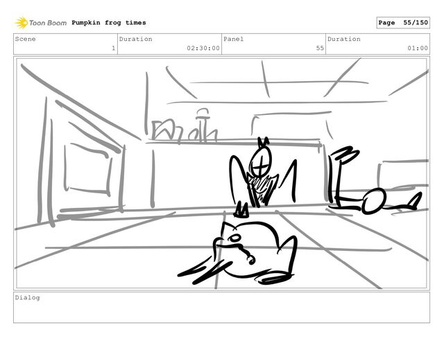 Scene
1
Duration
02:30:00
Panel
55
Duration
01:00
Dialog
Pumpkin frog times Page 55/150
